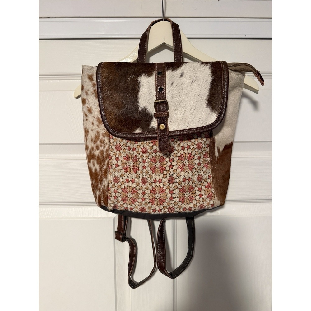 Myra Bag Canvas Genuine Leather Cow Hide‎ Backpack Western Festival Up Cycled